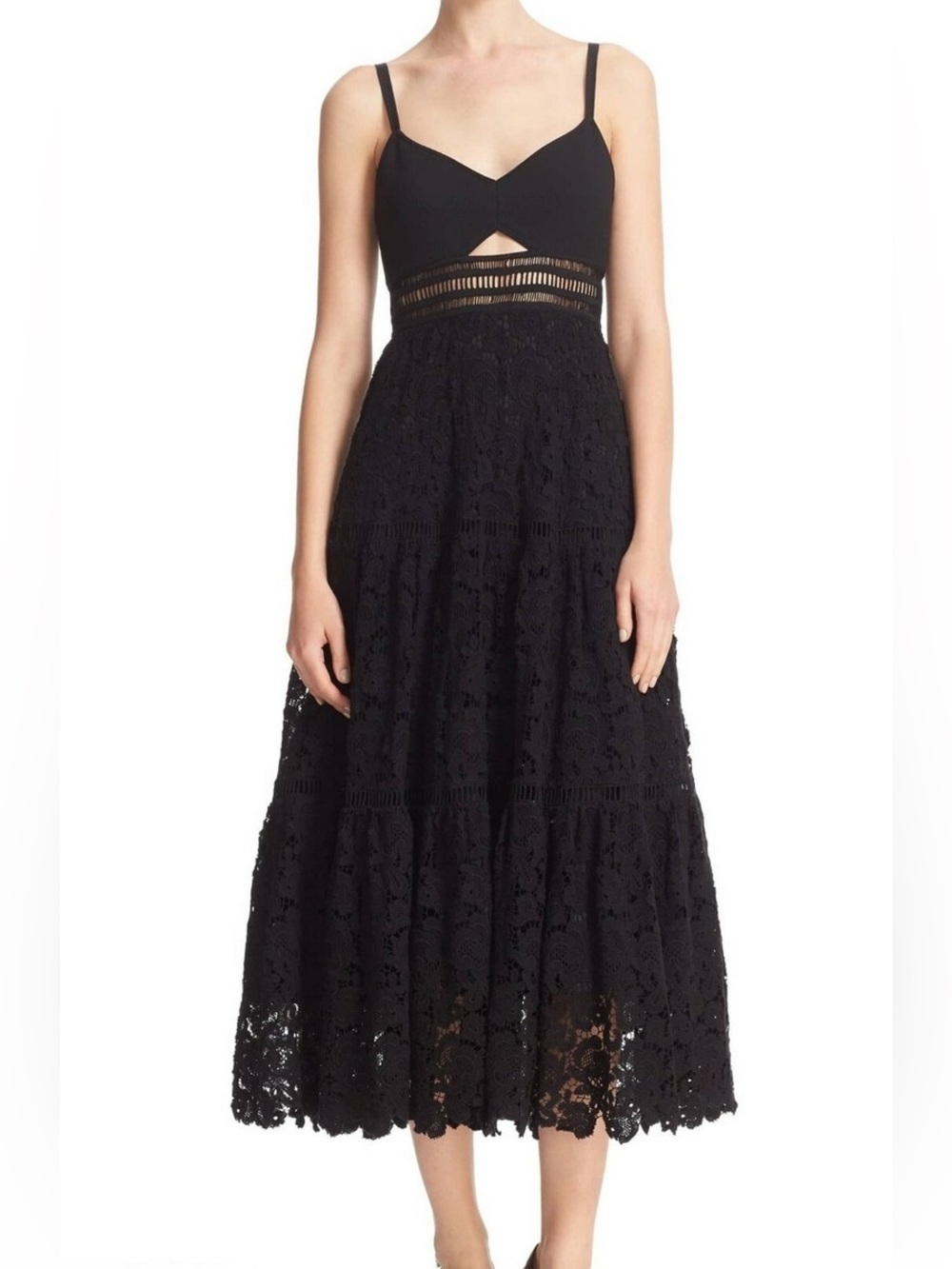 Rebecca Taylor Sleeveless Lace Cutout Waist Black Midi Dress Size 0